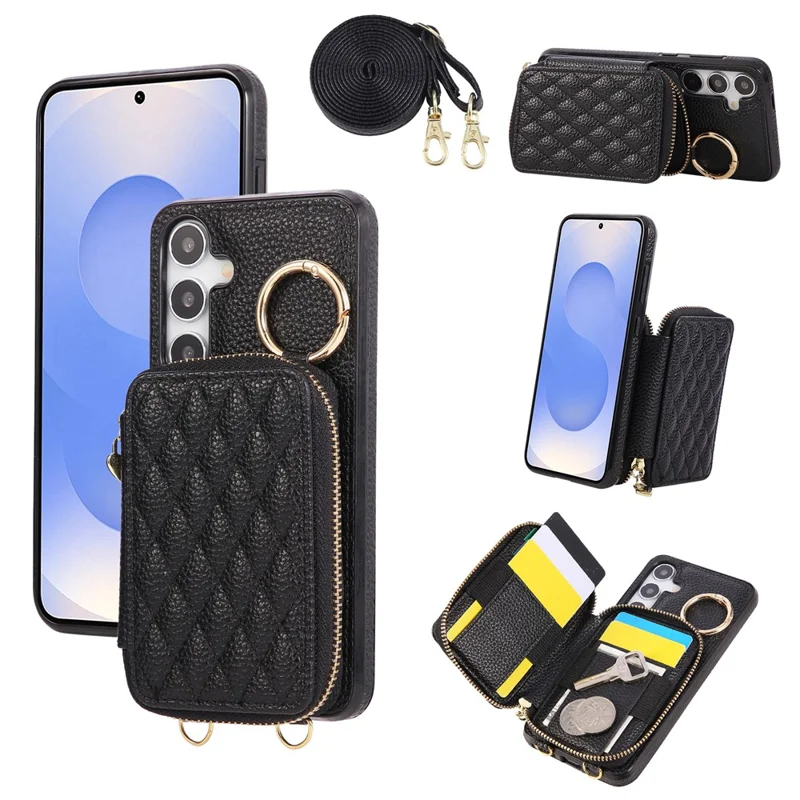 Phone Case For Samsung Galaxy S25  /  S24 Zipper Card Holder PU Leather Phone Back Cover with Shoulder Strap - Black