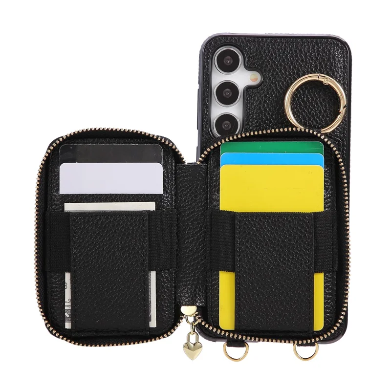 Phone Case For Samsung Galaxy S25  /  S24 Zipper Card Holder PU Leather Phone Back Cover with Shoulder Strap - Black