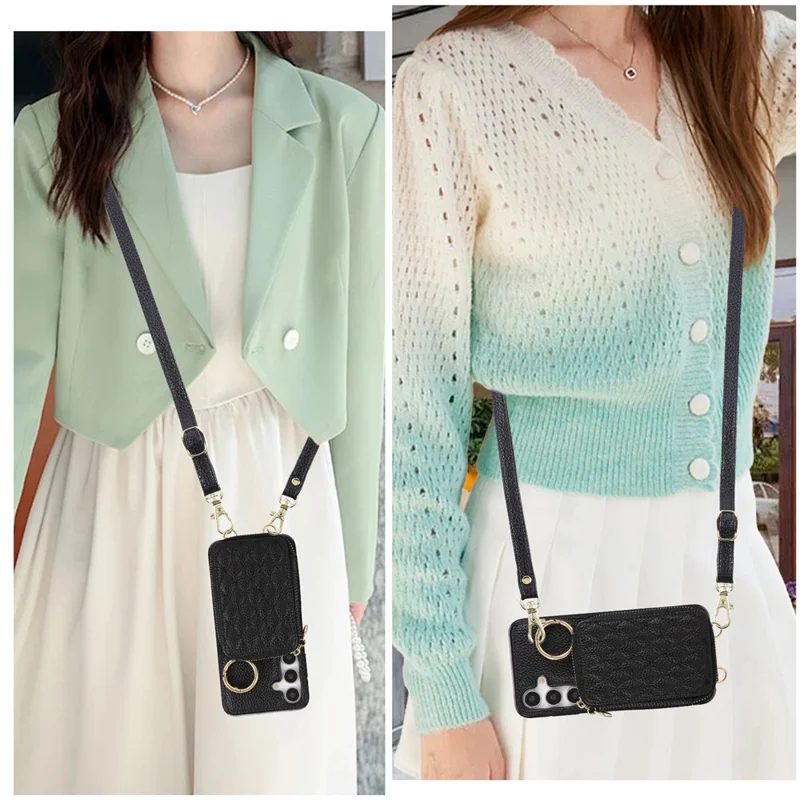 Phone Case For Samsung Galaxy S25  /  S24 Zipper Card Holder PU Leather Phone Back Cover with Shoulder Strap - Black