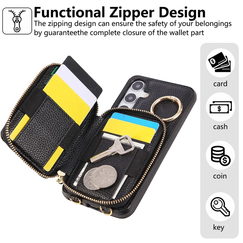 Phone Case For Samsung Galaxy S25  /  S24 Zipper Card Holder PU Leather Phone Back Cover with Shoulder Strap - Black