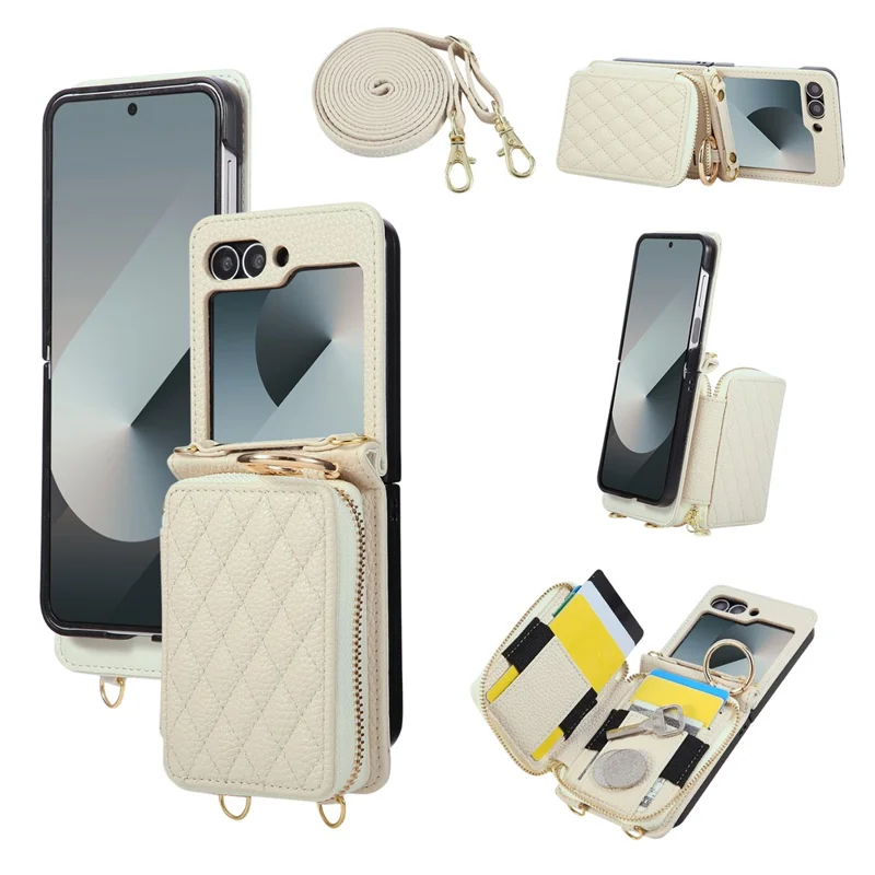 For Samsung Galaxy Z Flip6 5G Case Zipper Card Holder PU Leather Phone Back Cover with Shoulder Strap - Beige
