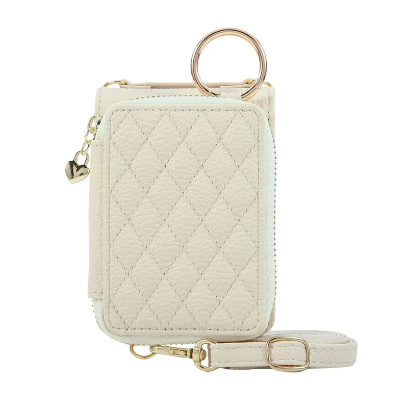 For Samsung Galaxy Z Flip6 5G Case Zipper Card Holder PU Leather Phone Back Cover with Shoulder Strap - Beige