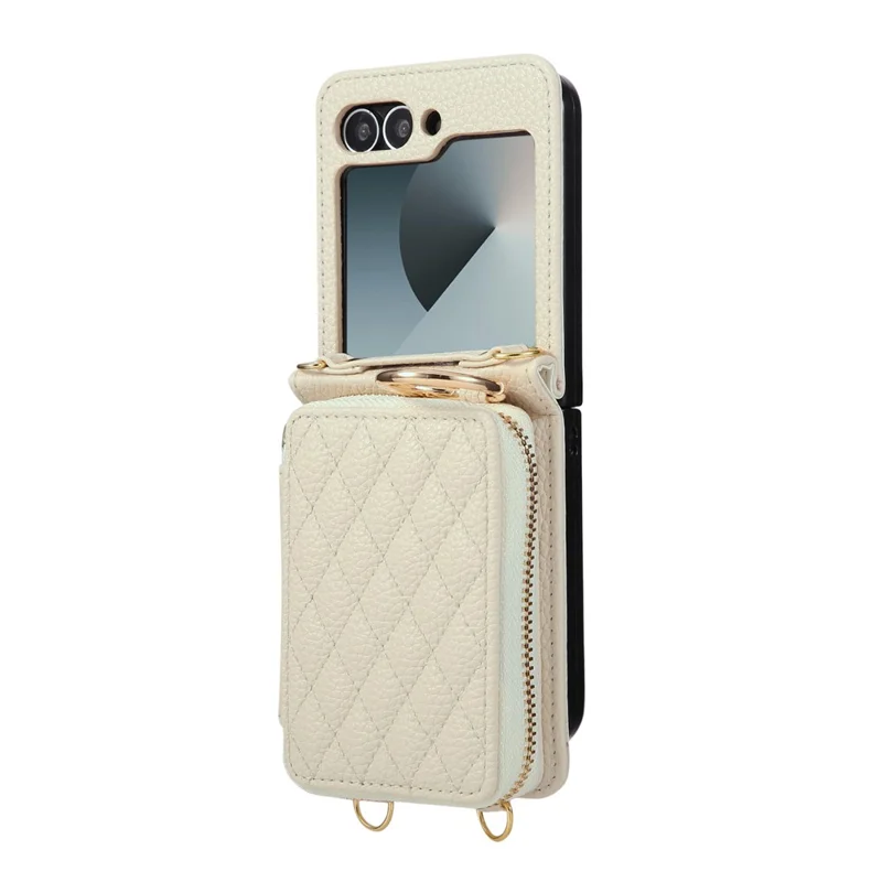 For Samsung Galaxy Z Flip6 5G Case Zipper Card Holder PU Leather Phone Back Cover with Shoulder Strap - Beige