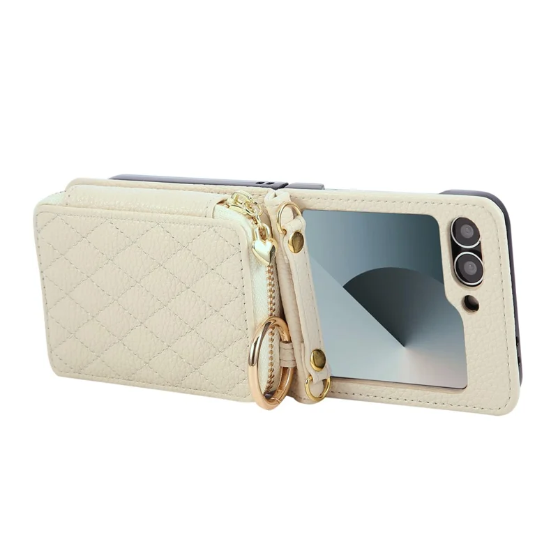 For Samsung Galaxy Z Flip6 5G Case Zipper Card Holder PU Leather Phone Back Cover with Shoulder Strap - Beige