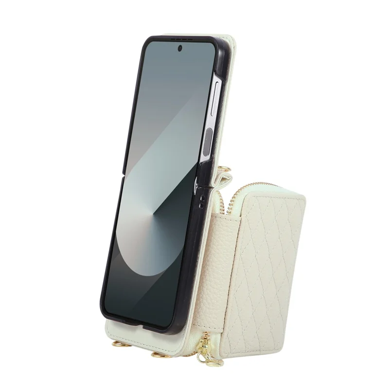 For Samsung Galaxy Z Flip6 5G Case Zipper Card Holder PU Leather Phone Back Cover with Shoulder Strap - Beige