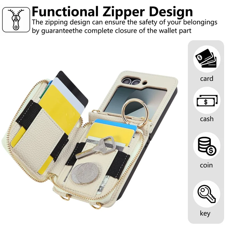 For Samsung Galaxy Z Flip6 5G Case Zipper Card Holder PU Leather Phone Back Cover with Shoulder Strap - Beige