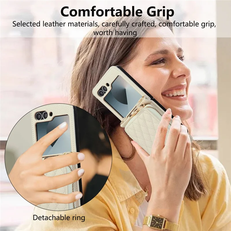 For Samsung Galaxy Z Flip6 5G Case Zipper Card Holder PU Leather Phone Back Cover with Shoulder Strap - Beige