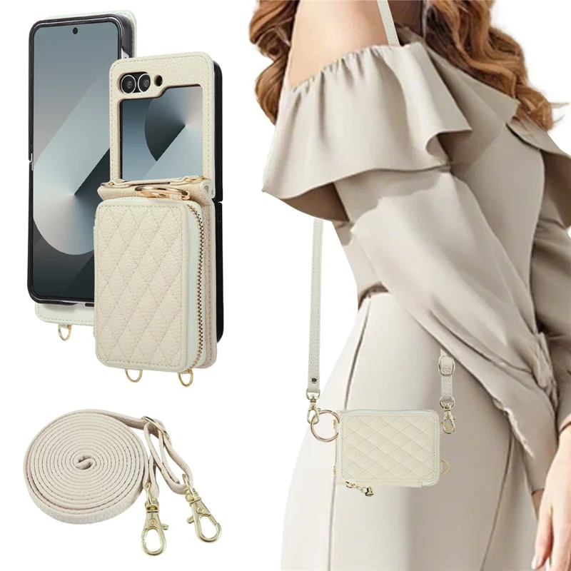 For Samsung Galaxy Z Flip6 5G Case Zipper Card Holder PU Leather Phone Back Cover with Shoulder Strap - Beige