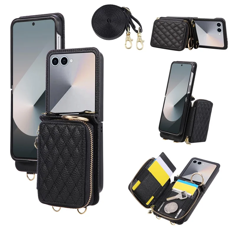 For Samsung Galaxy Z Flip7 5G Case Zipper Card Holder PU Leather Phone Back Cover with Shoulder Strap - Black