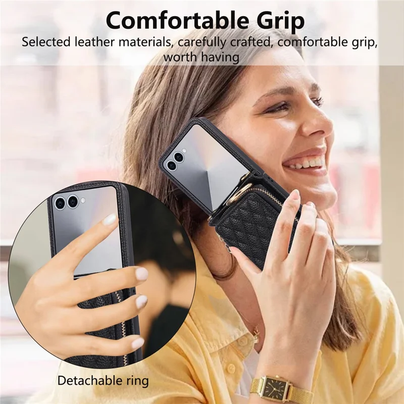 For Samsung Galaxy Z Flip7 5G Case Zipper Card Holder PU Leather Phone Back Cover with Shoulder Strap - Black