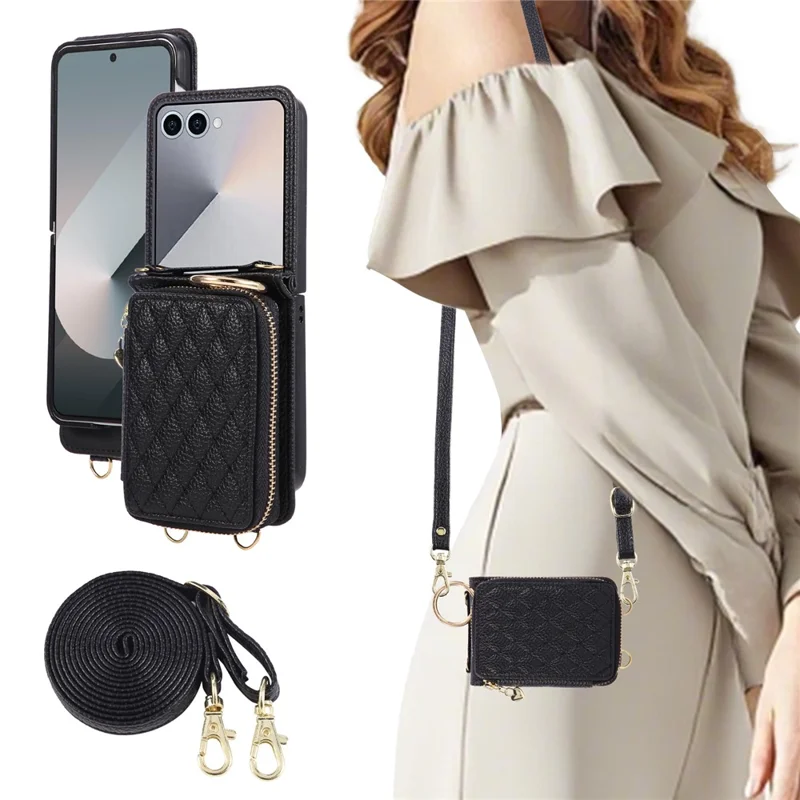 For Samsung Galaxy Z Flip7 5G Case Zipper Card Holder PU Leather Phone Back Cover with Shoulder Strap - Black