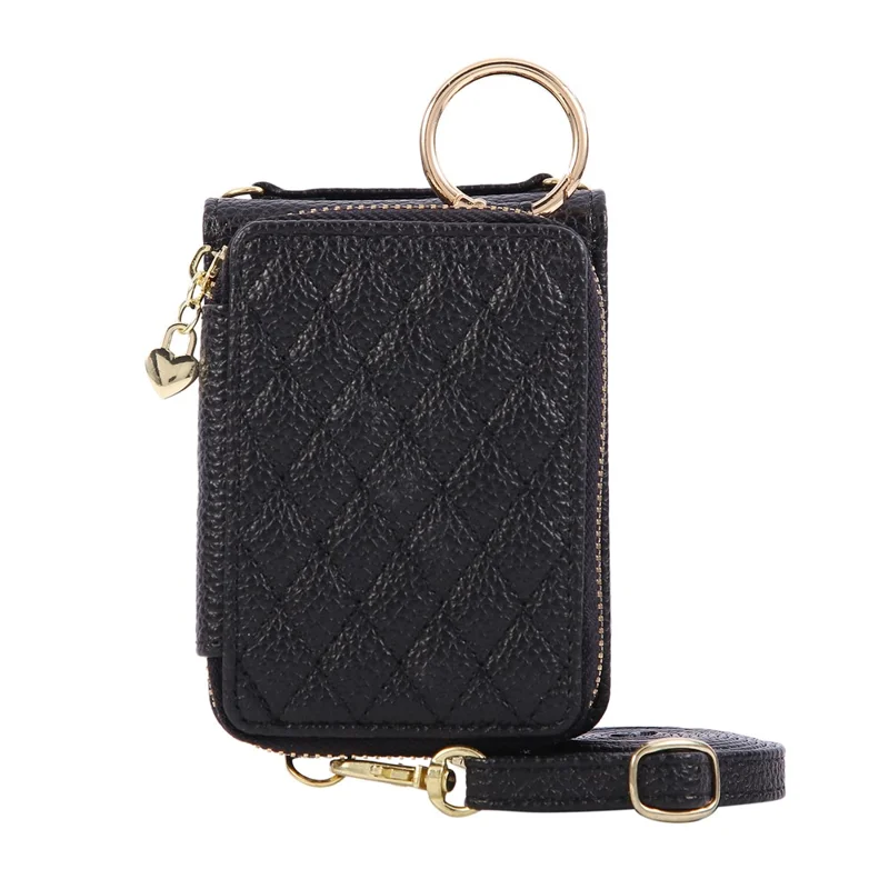 For Samsung Galaxy Z Flip7 5G Case Zipper Card Holder PU Leather Phone Back Cover with Shoulder Strap - Black