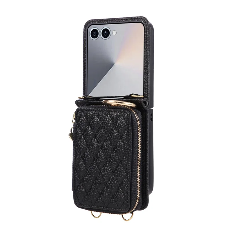 For Samsung Galaxy Z Flip7 5G Case Zipper Card Holder PU Leather Phone Back Cover with Shoulder Strap - Black