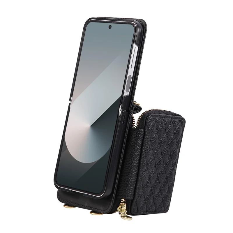 For Samsung Galaxy Z Flip7 5G Case Zipper Card Holder PU Leather Phone Back Cover with Shoulder Strap - Black
