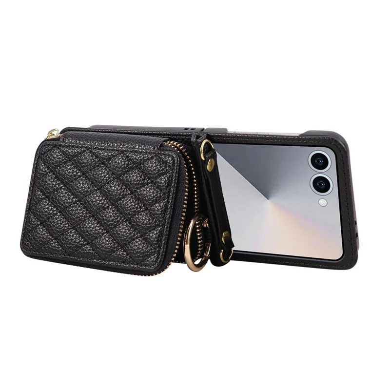 For Samsung Galaxy Z Flip7 5G Case Zipper Card Holder PU Leather Phone Back Cover with Shoulder Strap - Black