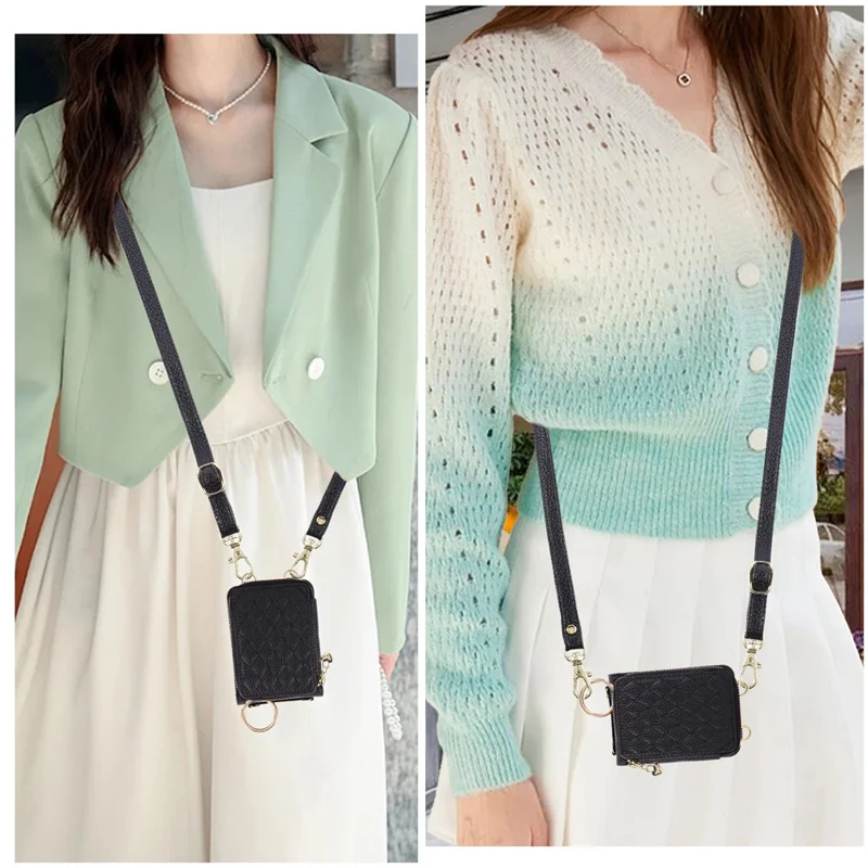 For Samsung Galaxy Z Flip7 5G Case Zipper Card Holder PU Leather Phone Back Cover with Shoulder Strap - Black