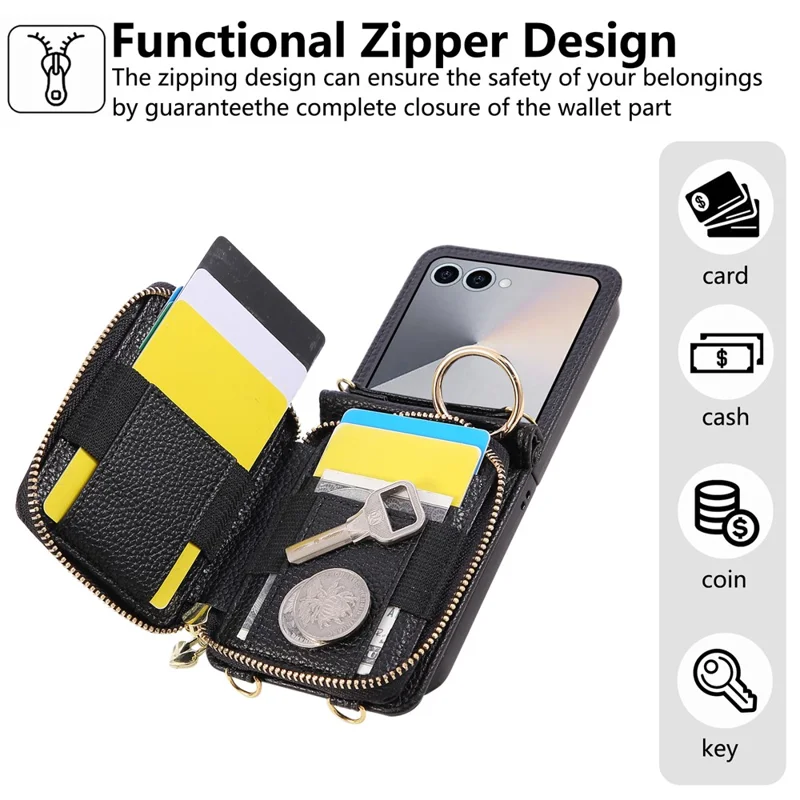 For Samsung Galaxy Z Flip7 5G Case Zipper Card Holder PU Leather Phone Back Cover with Shoulder Strap - Black