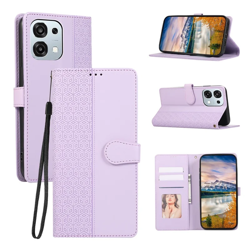 For Oppo A6 Pro 5G Case Splicing Imprinted Rhombus Leather Cover with Wrist Strap - Purple