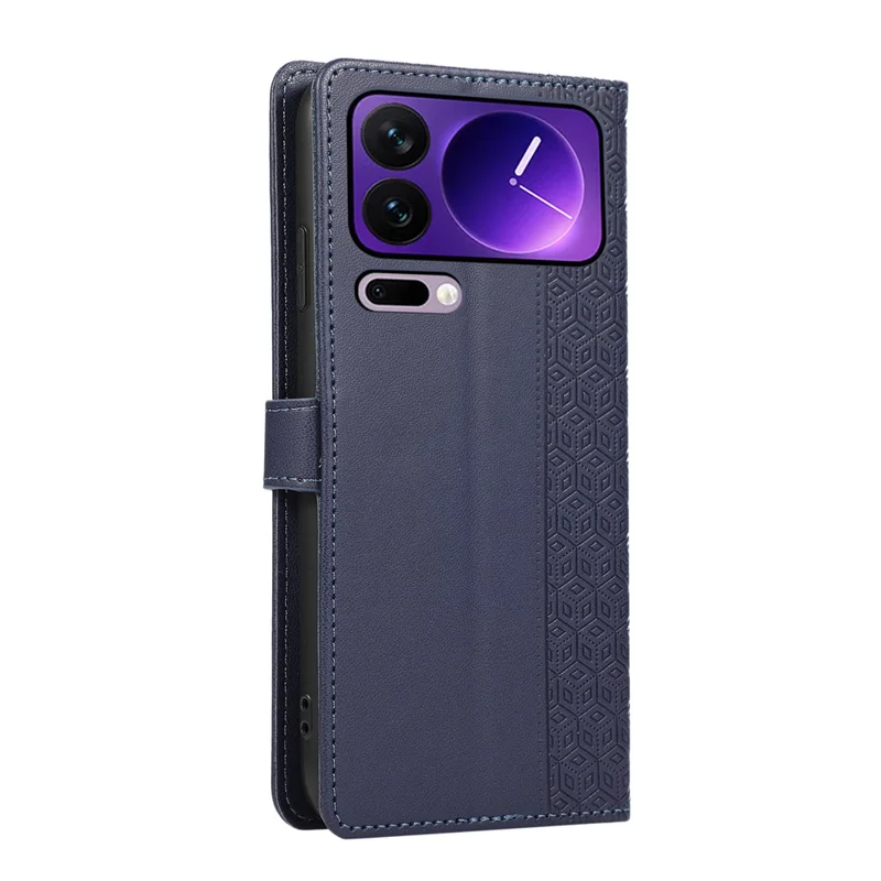 For Xiaomi 17 Pro Case Splicing Imprinted Rhombus Leather Cover with Wrist Strap - Blue