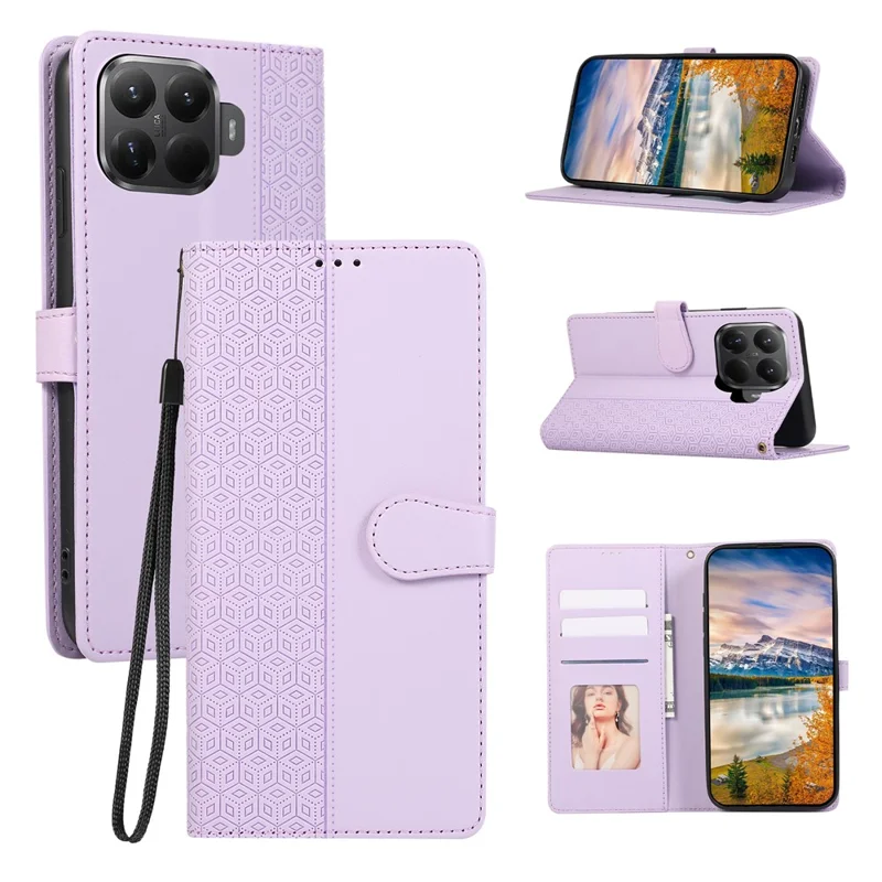 For Xiaomi 15T Pro Case Splicing Imprinted Rhombus Leather Cover with Wrist Strap - Purple