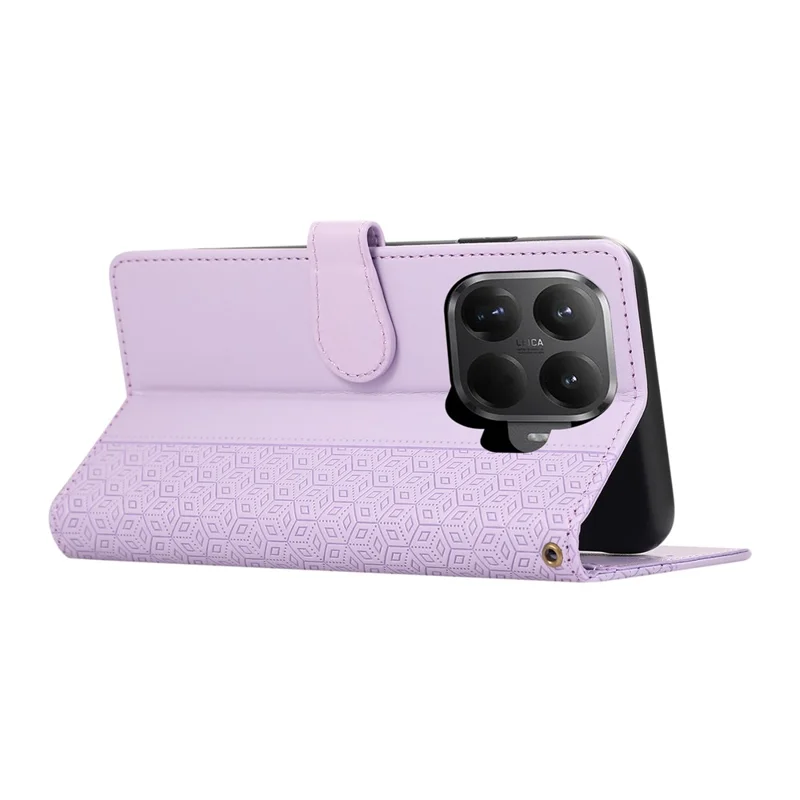 For Xiaomi 15T Pro Case Splicing Imprinted Rhombus Leather Cover with Wrist Strap - Purple