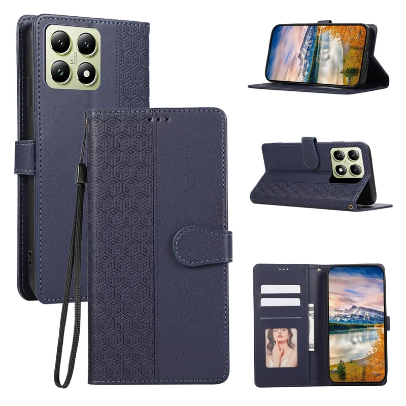 For Xiaomi 15T Case Splicing Imprinted Rhombus Leather Cover with Wrist Strap - Blue