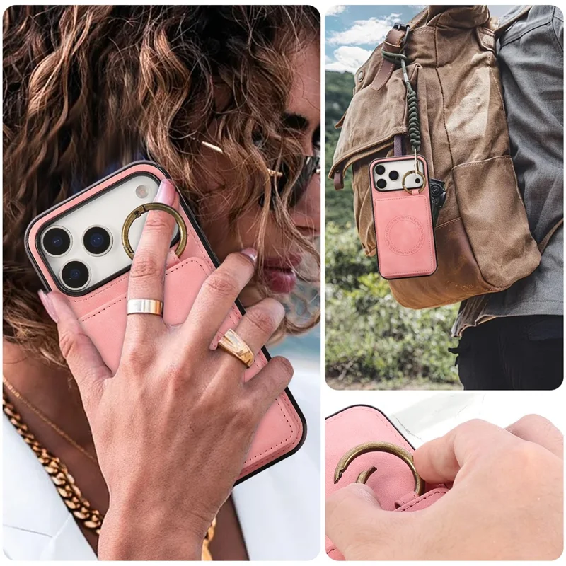Für iPhone 17 Pro Max Hülle mit Kartenhalter, Ständer, Leder + TPU-Handyhülle mit Ringhalter – Roségold