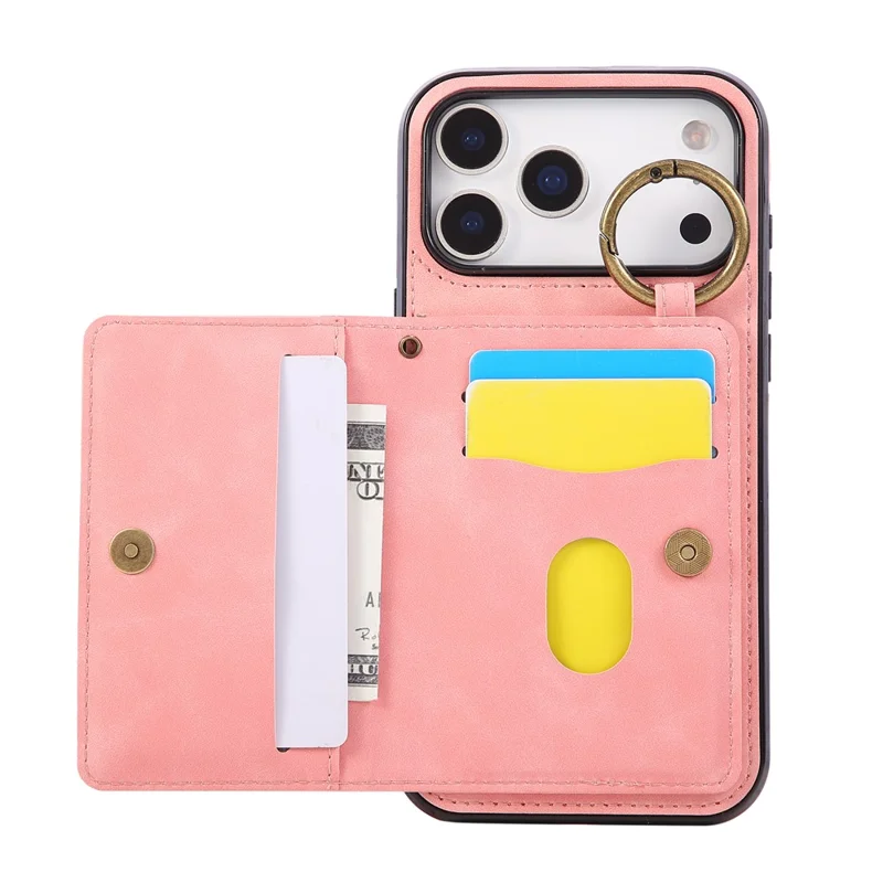 Für iPhone 17 Pro Max Hülle mit Kartenhalter, Ständer, Leder + TPU-Handyhülle mit Ringhalter – Roségold