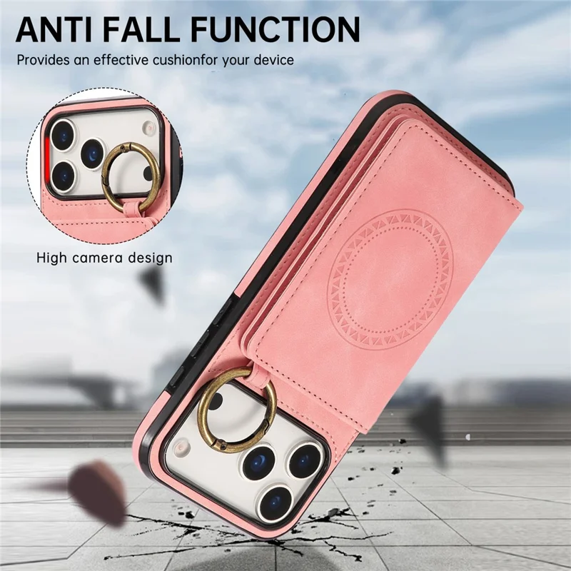 Für iPhone 17 Pro Max Hülle mit Kartenhalter, Ständer, Leder + TPU-Handyhülle mit Ringhalter – Roségold