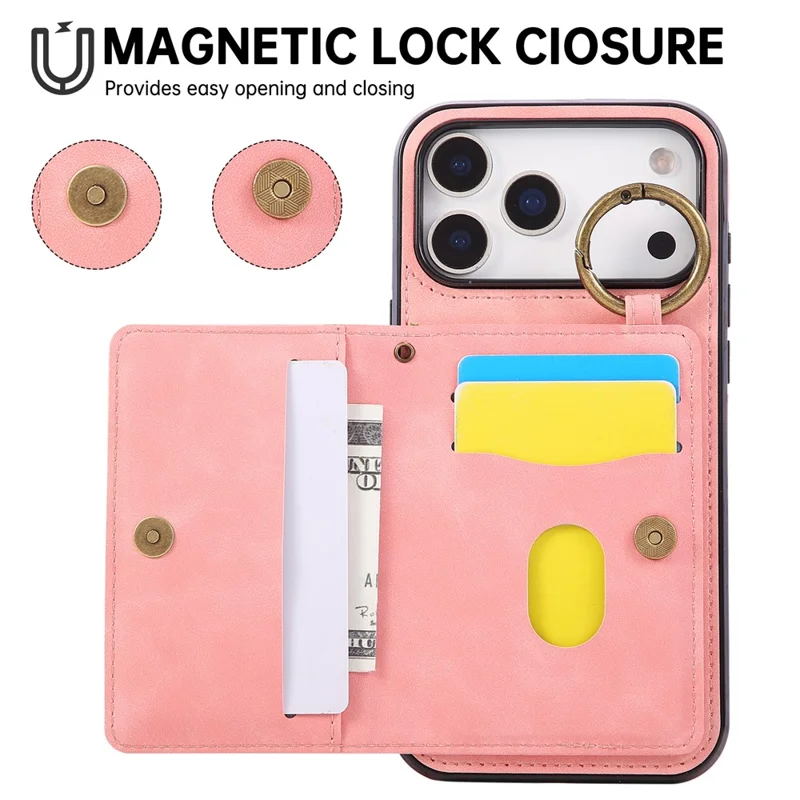 Für iPhone 17 Pro Max Hülle mit Kartenhalter, Ständer, Leder + TPU-Handyhülle mit Ringhalter – Roségold
