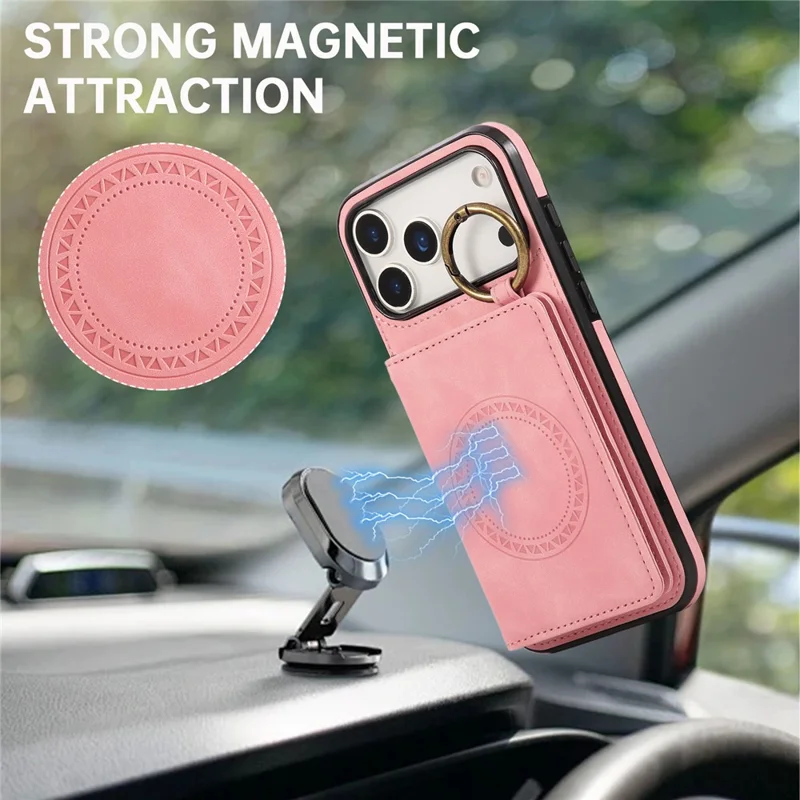 Für iPhone 17 Pro Max Hülle mit Kartenhalter, Ständer, Leder + TPU-Handyhülle mit Ringhalter – Roségold
