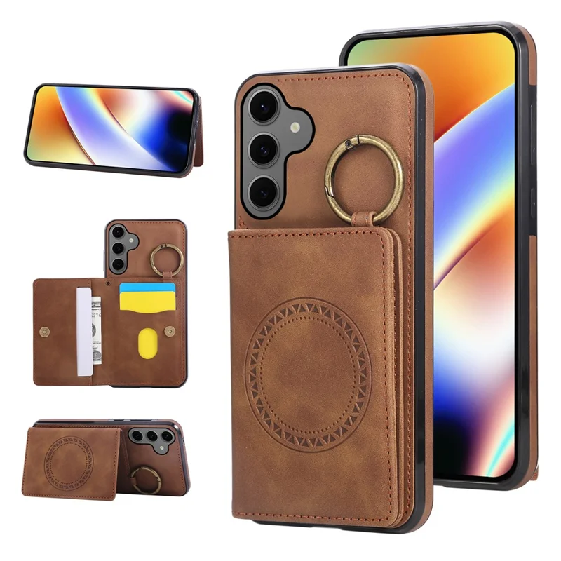 Voor Samsung Galaxy S26 Hoesje met Pasjeshouder en Steun in Leer + TPU met Ringhouder - Bruin