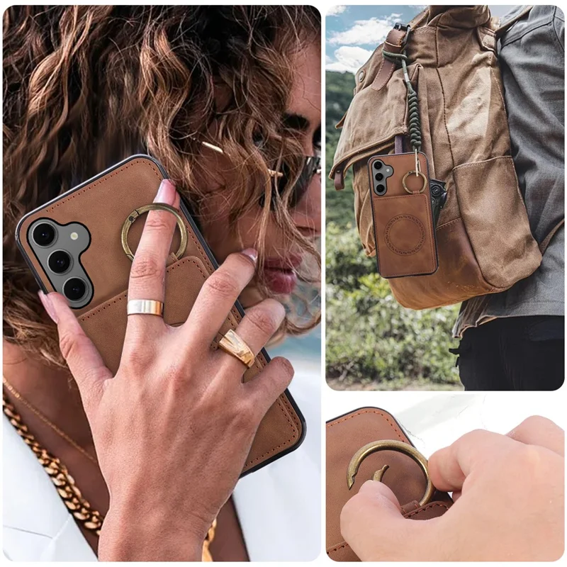 Voor Samsung Galaxy S26 Hoesje met Pasjeshouder en Steun in Leer + TPU met Ringhouder - Bruin