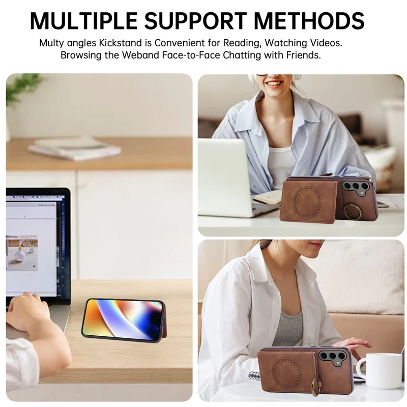 Voor Samsung Galaxy S26 Hoesje met Pasjeshouder en Steun in Leer + TPU met Ringhouder - Bruin