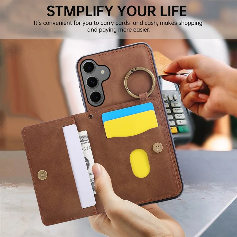 Voor Samsung Galaxy S26 Hoesje met Pasjeshouder en Steun in Leer + TPU met Ringhouder - Bruin