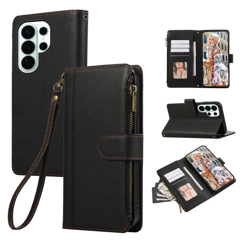 Étui pour Samsung Galaxy S26 Ultra avec plusieurs fentes pour cartes, housse en cuir à fermeture éclair avec dragonne - Noir