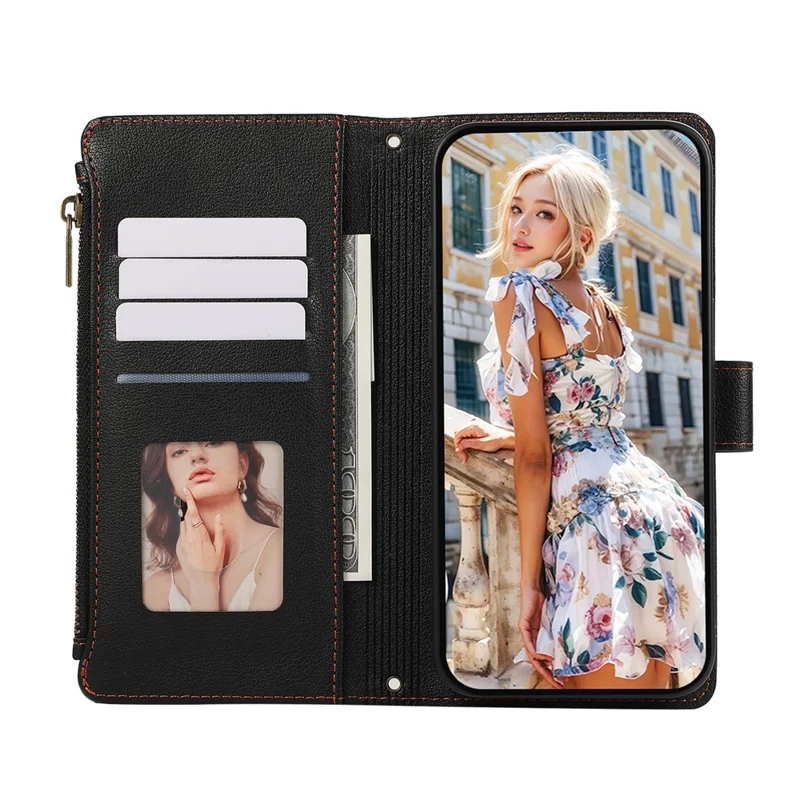 Étui pour Samsung Galaxy S26 Ultra avec plusieurs fentes pour cartes, housse en cuir à fermeture éclair avec dragonne - Noir