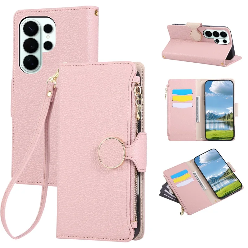 Zippertas voor Samsung Galaxy S26 Ultra Hoesje Met Riempje van Leer met Polsband - Roze
