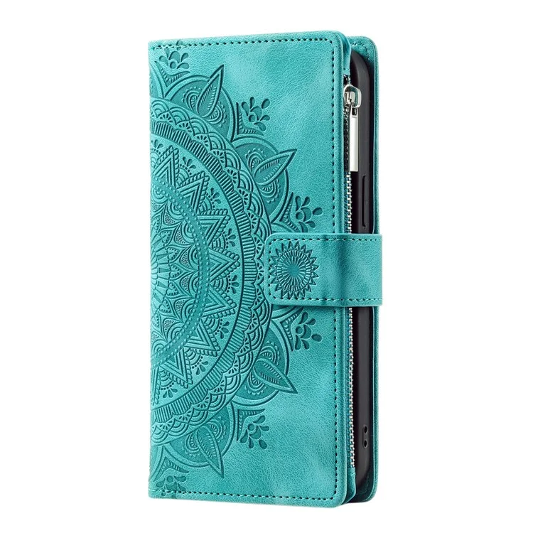 Mandala Blume Eingeprägte PU -ledertasche Für Samsung Galaxy S10 Plus 4G Magnetverschluss Schutzabdeckung Mit Reißverschluss Brieftasche / Gurt - Grün