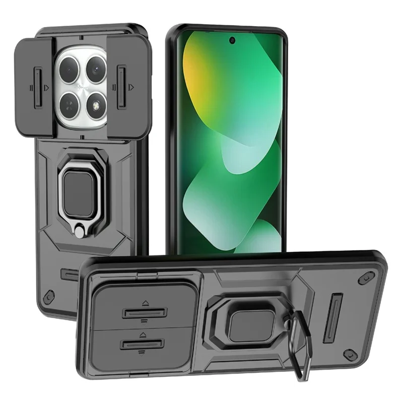 For Xiaomi Redmi Note 15 4G (Global) Case PC + TPU Kickstand Phone Protector with Lens Cover - Black