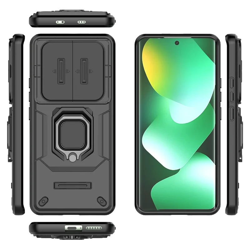 For Xiaomi Redmi Note 15 4G (Global) Case PC + TPU Kickstand Phone Protector with Lens Cover - Black