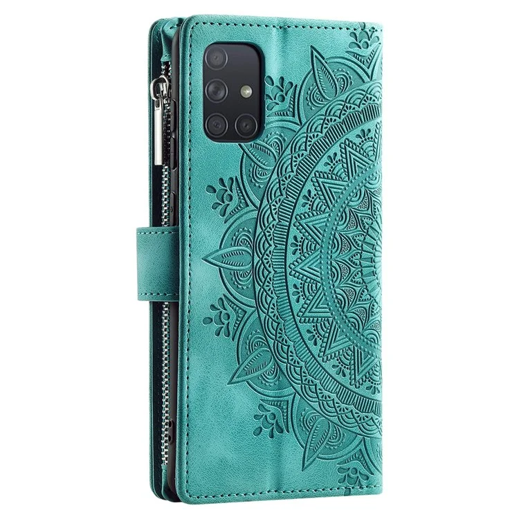 Shockproof Case for Samsung Galaxy A71 4G SM-A715 Multi Card Slot Phone Case Mandala Flower Imprinted PU Leather Cover with Zippered Wallet / Strap - Green