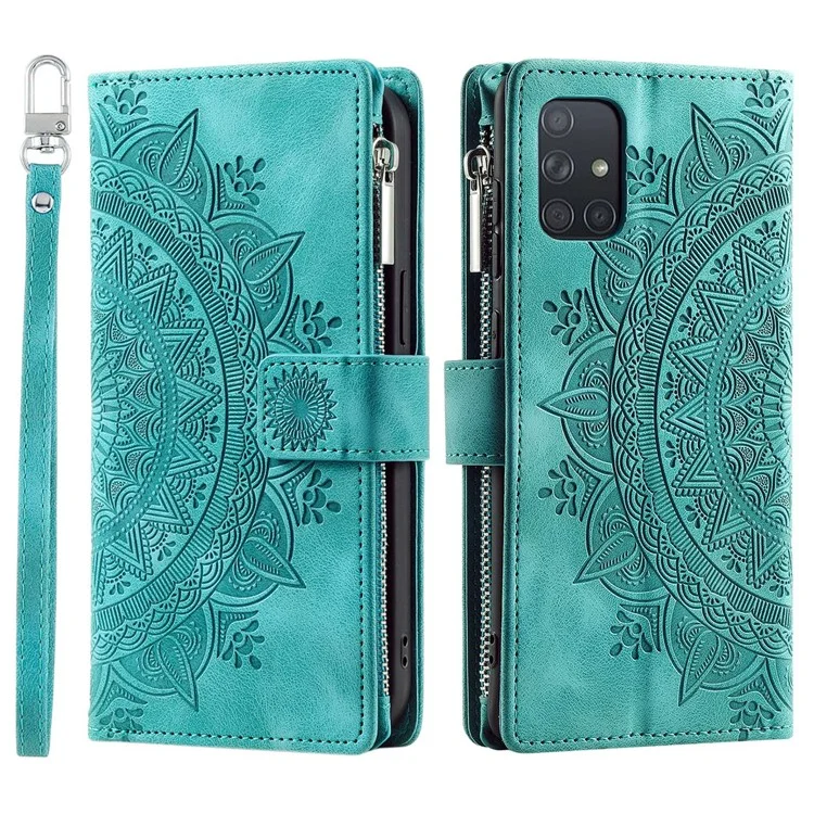 Shockproof Case for Samsung Galaxy A71 4G SM-A715 Multi Card Slot Phone Case Mandala Flower Imprinted PU Leather Cover with Zippered Wallet / Strap - Green
