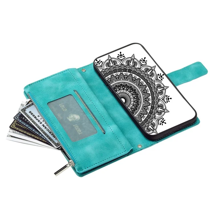 Shockproof Case for Samsung Galaxy A71 4G SM-A715 Multi Card Slot Phone Case Mandala Flower Imprinted PU Leather Cover with Zippered Wallet / Strap - Green