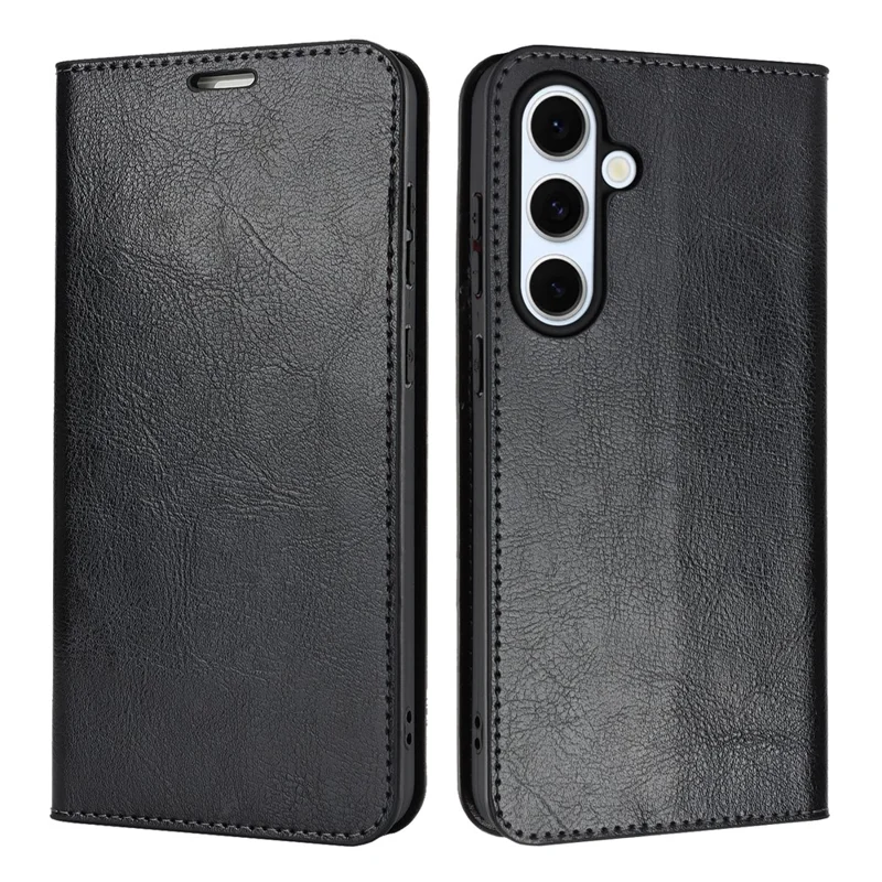 Für Samsung Galaxy S25 FE Hülle Crazy Horse Muster Spaltleder Brieftaschen-Handyhülle - Schwarz