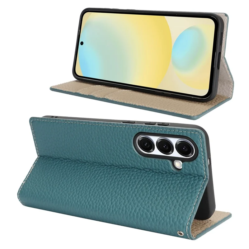 Für Samsung Galaxy S25 FE Brieftaschenhülle aus echtem Rindsleder mit Litschi-Textur - Himmelblau