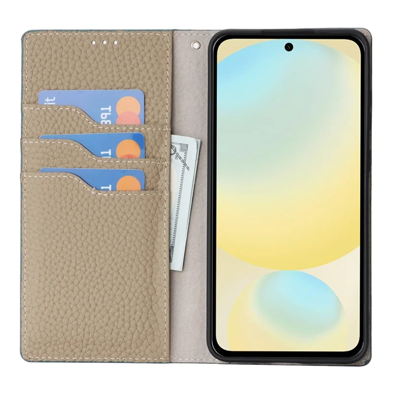 Für Samsung Galaxy S25 FE Brieftaschenhülle aus echtem Rindsleder mit Litschi-Textur - Himmelblau