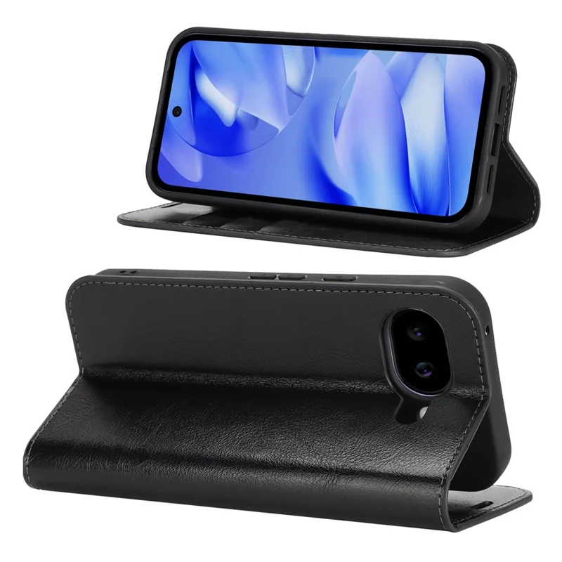 Capa de Telemóvel Carteira em Pele Legítima Textura Cavalo Louco para Google Pixel 10a - Preto