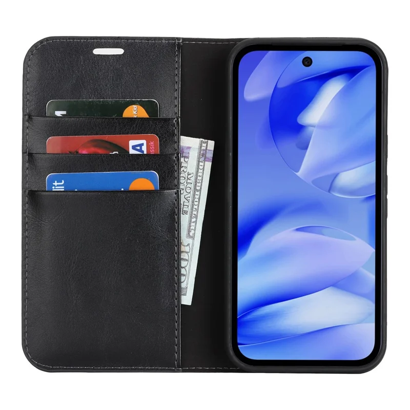 Capa de Telemóvel Carteira em Pele Legítima Textura Cavalo Louco para Google Pixel 10a - Preto