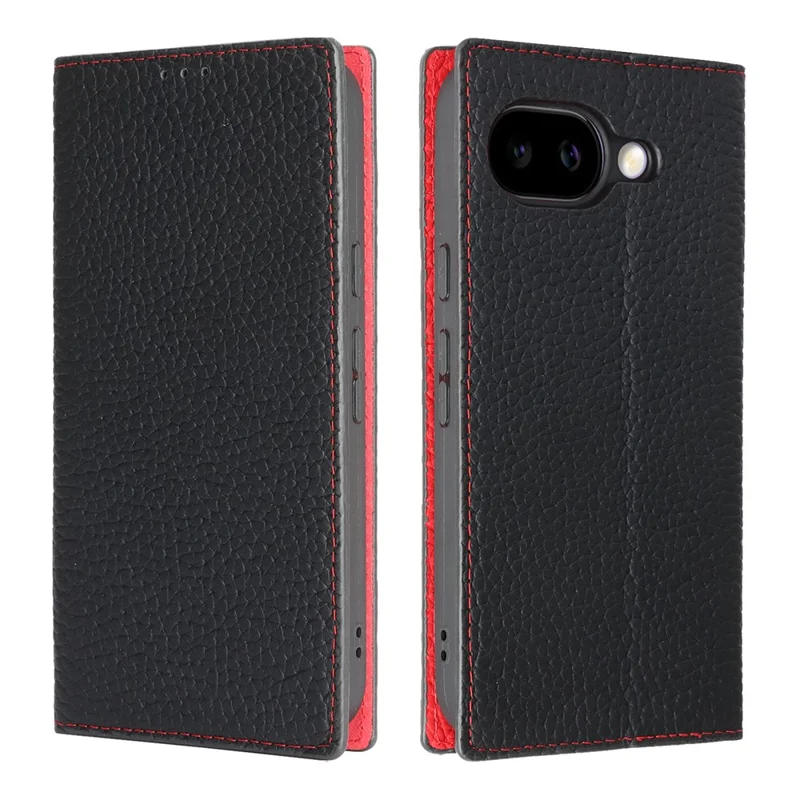 For Google Pixel 10a Wallet Case Genuine Cow Leather Phone Cover Litchi Texture - Black